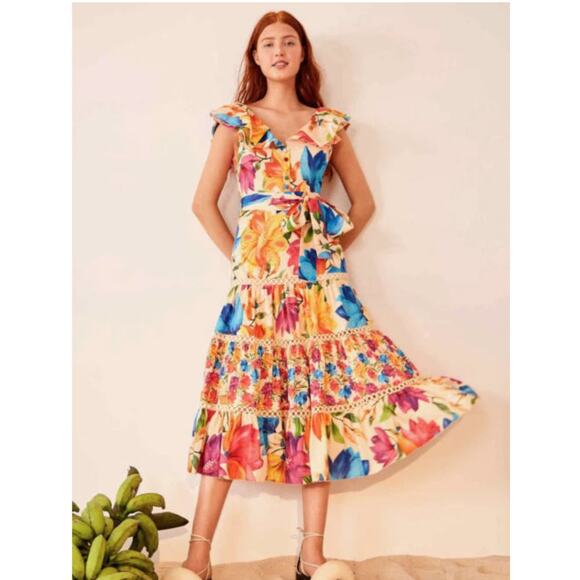 FARM Rio Vibrant Mary’s Garden Frilled Top Midi Dress Size Small - Picture 1 of 14